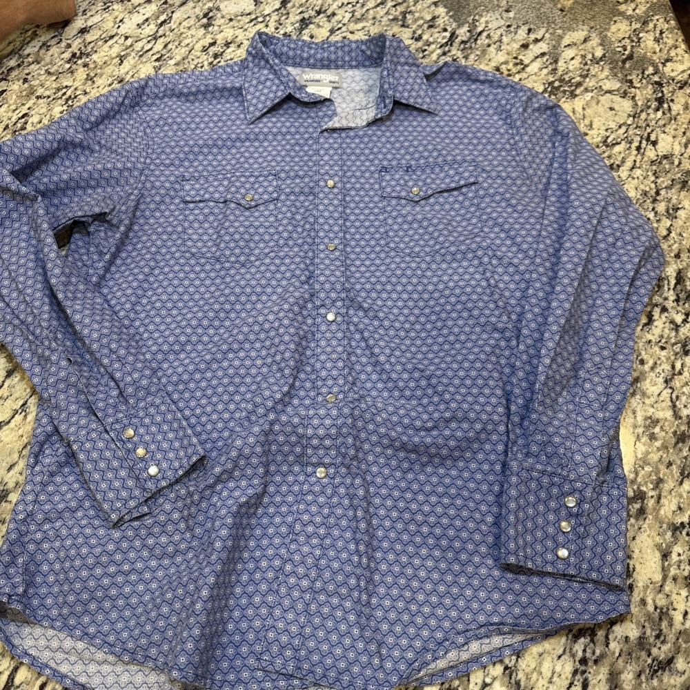 Wrangler Men's Large Vintage Pearl Snap Long Sleeve Rodeo Western Shirt Blue